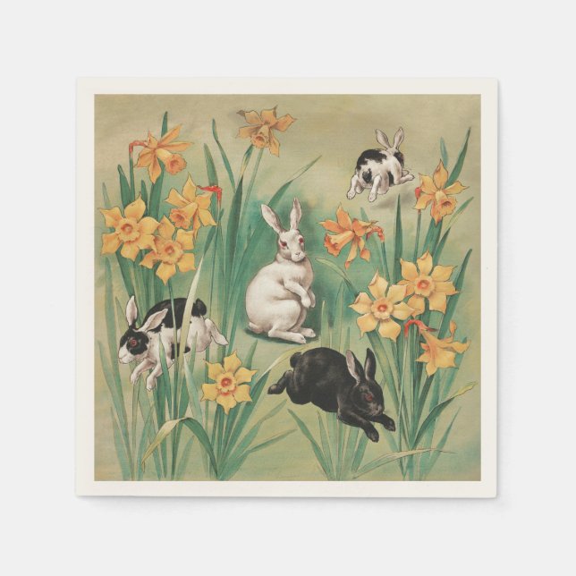 Serviette En Papier Bunnies mignons aux fleurs de jonquille Antique Pâ (Devant)