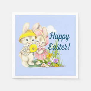 Serviette En Papier Bunnies vintages et fleurs Joyeux Pâques