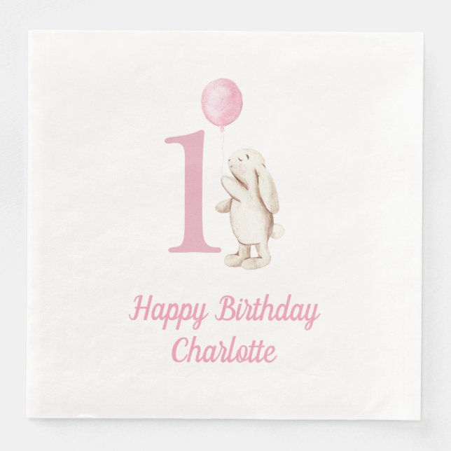 Serviette En Papier Bunny & Balloon rose 1er anniversaire (Devant)