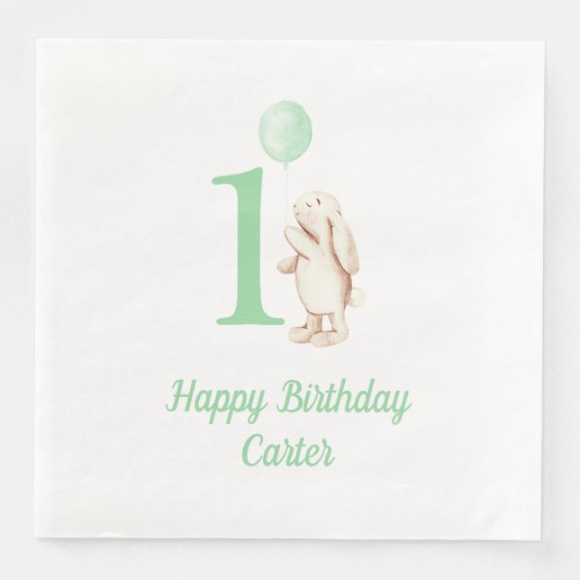 Serviette En Papier Bunny & Balloon Vert 1er anniversaire (Devant)