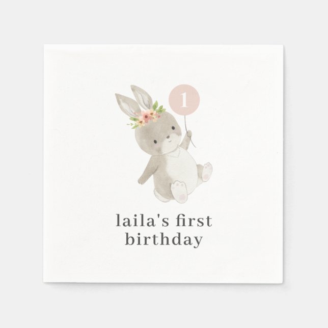 Serviette En Papier Bunny Pink Balloon 1er anniversaire (Devant)