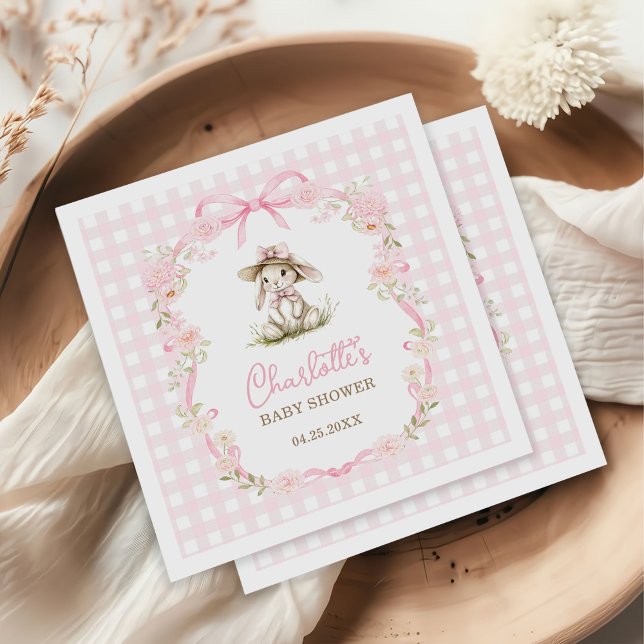 Serviette En Papier Bunny Pink Bow Gingham Baby Shower (Créateur téléchargé)