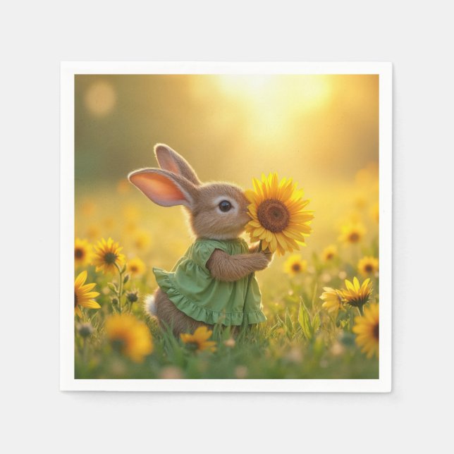 Serviette En Papier Bunny Sniffer un tournesol jaune (Devant)