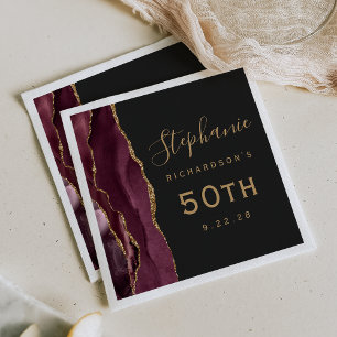 Serviette En Papier Burgundy Agate Or Doré Script Anniversaire 50 Ans 