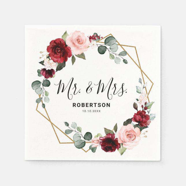 Serviette En Papier Burgundy Blush Floral moderne Mariage géométrique (Devant)