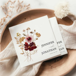 Serviette En Papier Burgundy Boho Fall Floral Photo Faire-part de mari