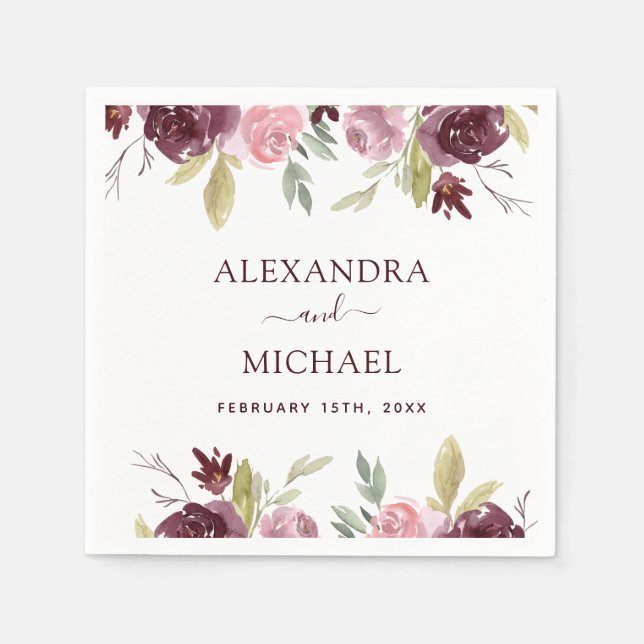 Serviette En Papier Burgundy Elegant Aquarelle Floral Mariage (Devant)
