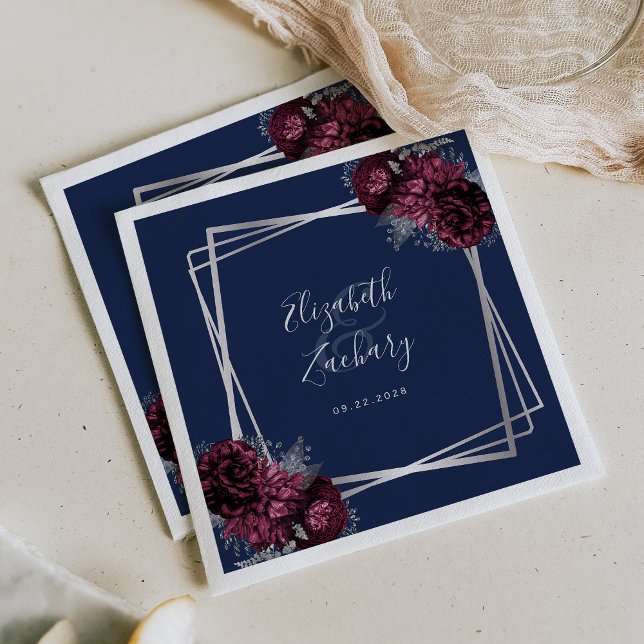 Serviette En Papier Burgundy Floral Argent Mariage bleu marine géométr (Créateur téléchargé)