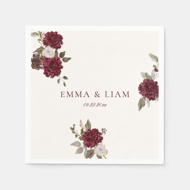 Serviette En Papier Burgundy Floral Wedding Cocktail Napkins (Devant)