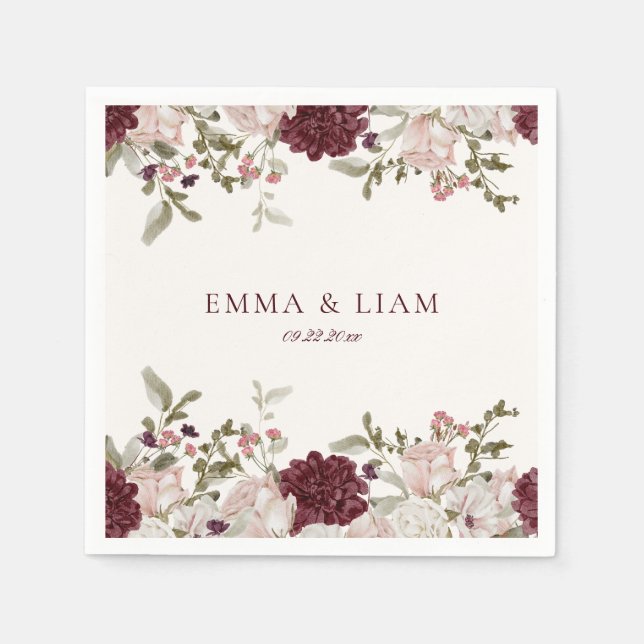 Serviette En Papier Burgundy Floral Wedding Cocktail Napkins (Devant)