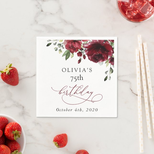 Serviette En Papier Burgundy Flowers, Red Flowers, Greenery, Birthday (En situation)