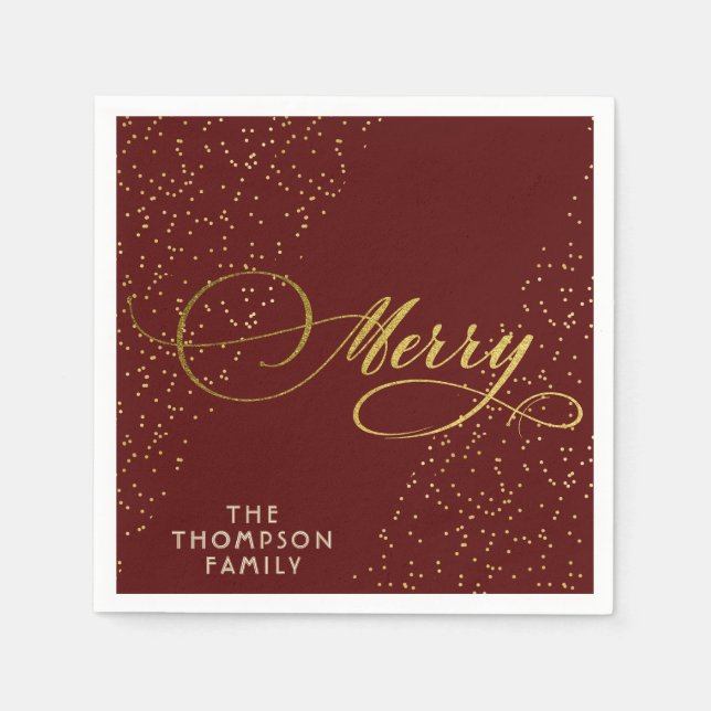 Serviette En Papier Burgundy Gold Script Merry Bright Famille Noël (Devant)