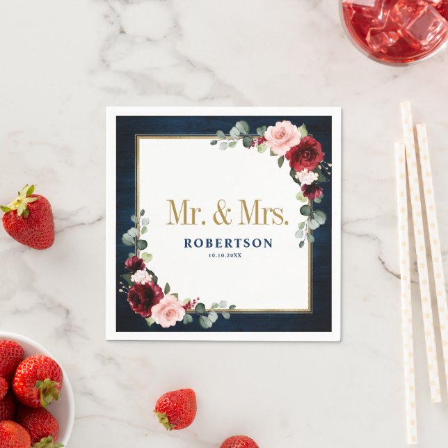 Serviette En Papier Burgundy Marine Blush Floral Mariage géométrique N (En situation)