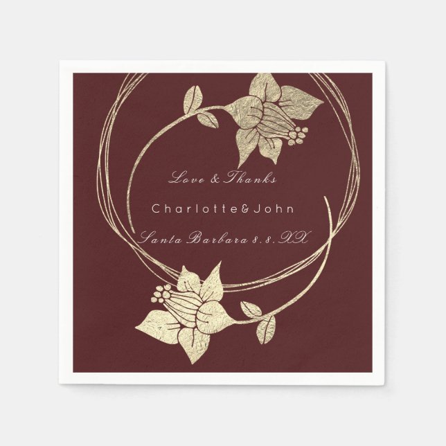 Serviette En Papier Burgundy Maroon Gold Floral Event Mariage (Devant)