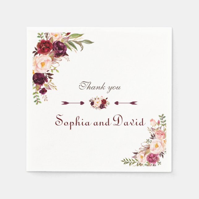 Serviette En Papier Burgundy Marsala Blush Floral Mariage (Devant)