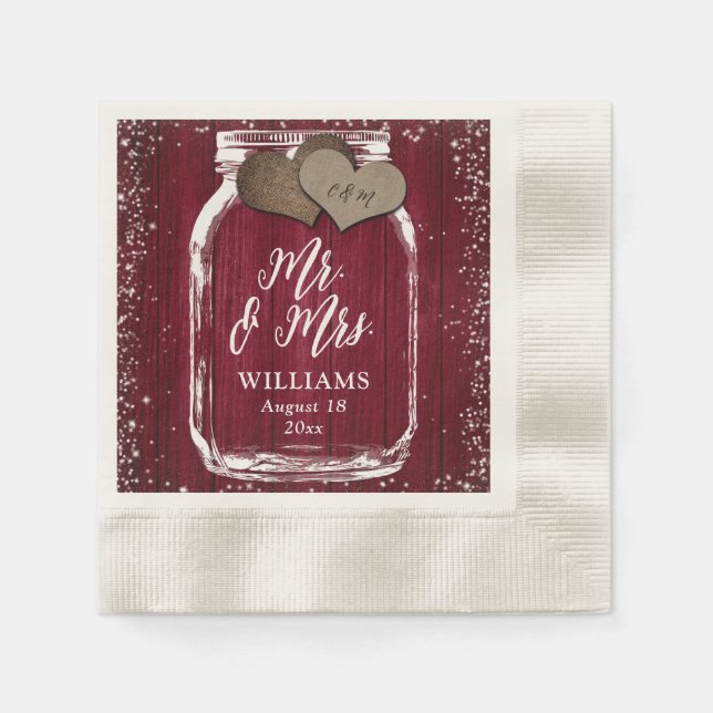 Serviette En Papier Burgundy Mason Jar Rustic Wood Mr & Mrs Mariage (Devant)