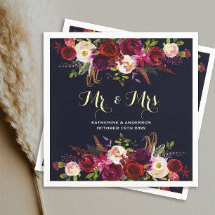 Serviette En Papier Burgundy Navy Rustic Floral M. et Mme Mariage