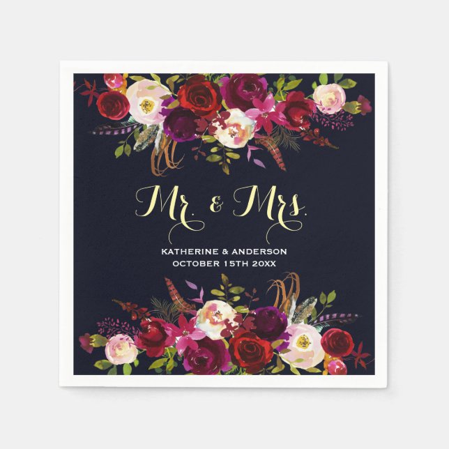 Serviette En Papier Burgundy Navy Rustic Floral M. et Mme Mariage (Devant)