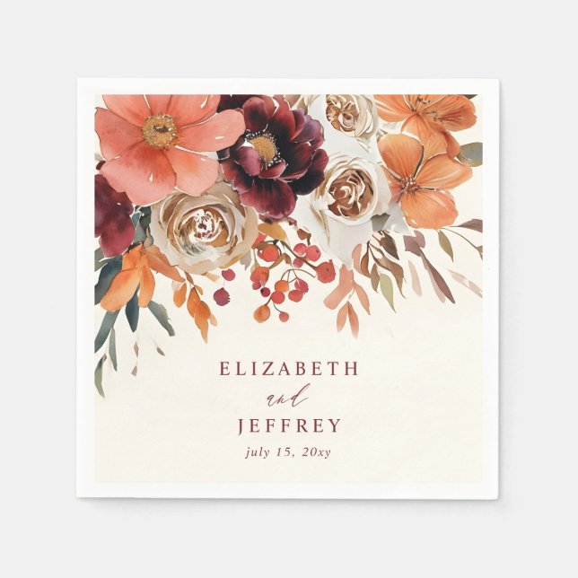 Serviette En Papier Burgundy Orange Floral Fall Wedding (Devant)