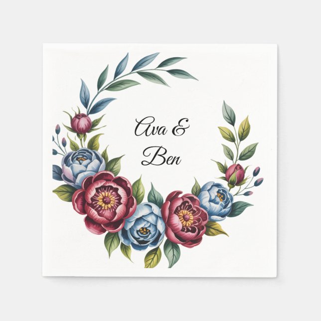 Serviette En Papier Burgundy Peony et Blue Rose Mariage (Devant)