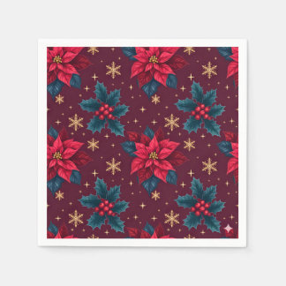 Serviette En Papier Burgundy Poinsettia & Gold Snowflake 