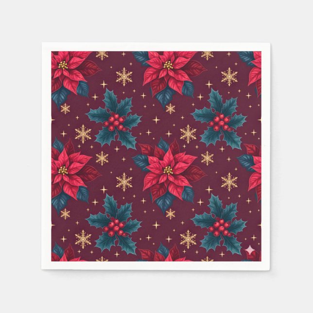 Serviette En Papier Burgundy Poinsettia & Gold Snowflake  (Devant)