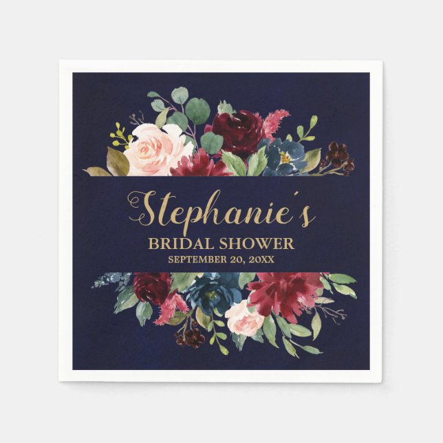 Serviette En Papier Burgundy Red Navy Floral Rustic Boho Fête des mari (Devant)