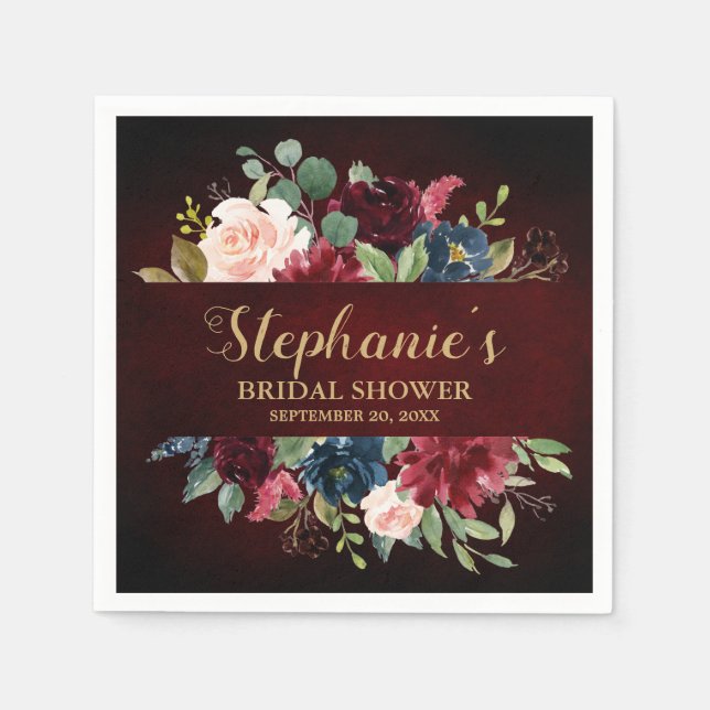 Serviette En Papier Burgundy Red Navy Floral Rustic Boho Fête des mari (Devant)