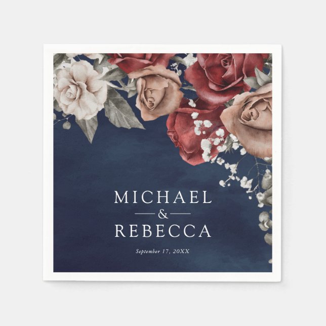 Serviette En Papier Burgundy Red Roses Floral Navy Blue Wedding (Devant)
