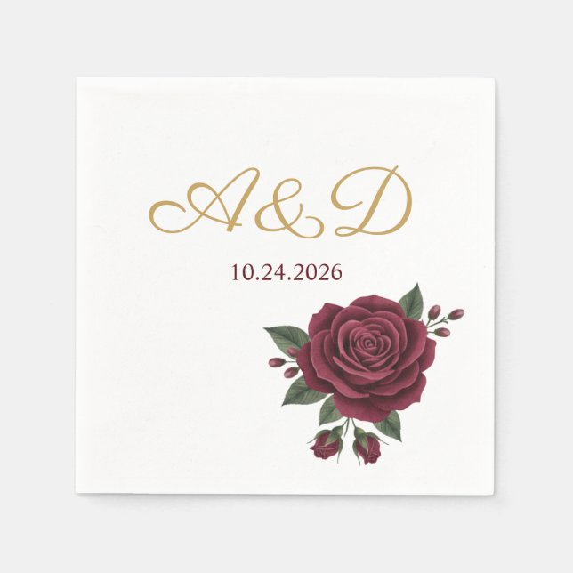 Serviette En Papier Burgundy Rose and Gold Foil Wedding Monogram Napki (Devant)