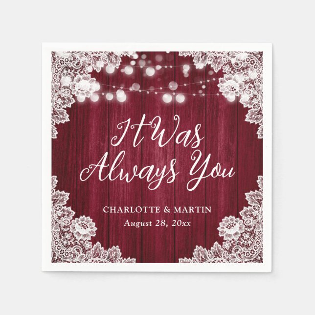 Serviette En Papier Burgundy Rustic Wood Floral Lace Wedding (Devant)