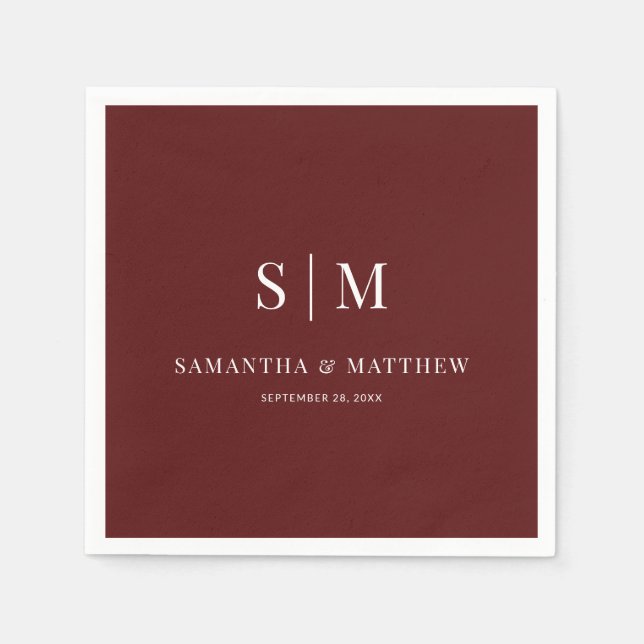 Serviette En Papier Burgundy Simple Élégant Couple Initiales Mariage (Devant)