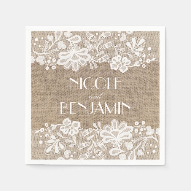 Serviette En Papier Burlap et dentelle Vintage Mariage élégant (Devant)
