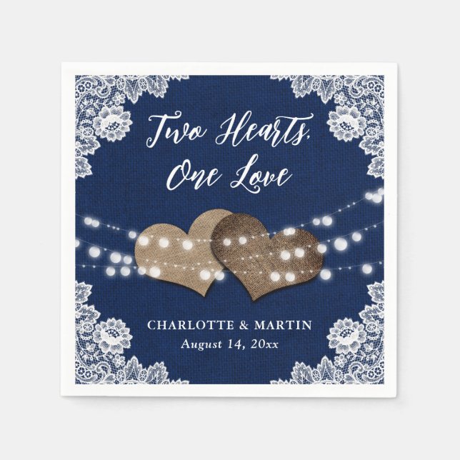Serviette En Papier Burlap Hearts Dentelle Rustique Mariage bleu marin (Devant)