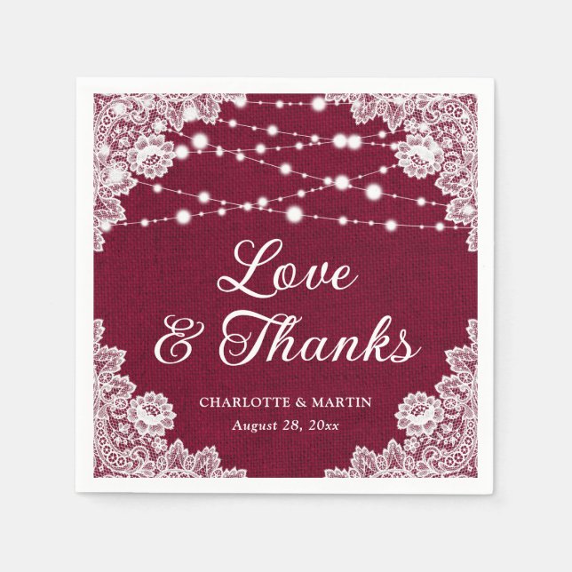 Serviette En Papier Burlap Lace Love et Merci Mariage Bourgogne (Devant)