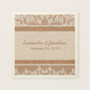 Serviette En Papier Burlap Rustique & Mariage de dentelle Blanche