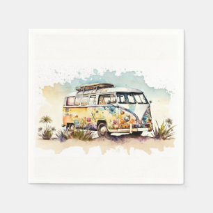 Serviette En Papier Bus Hippie Rétro Aquarelle Avec Fleurs