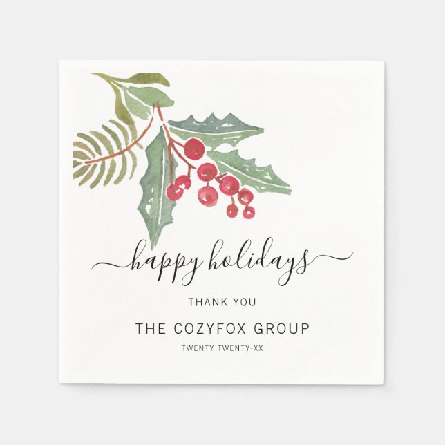 Serviette En Papier Business Moderne Script Holly Berry (Devant)