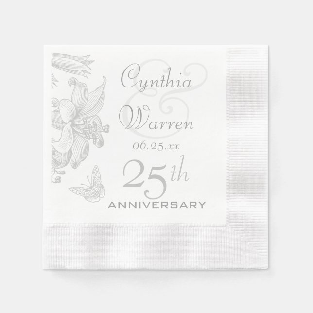 Serviette En Papier Butterfly Lilies 25e anniversaire Mariage d'argent (Devant)