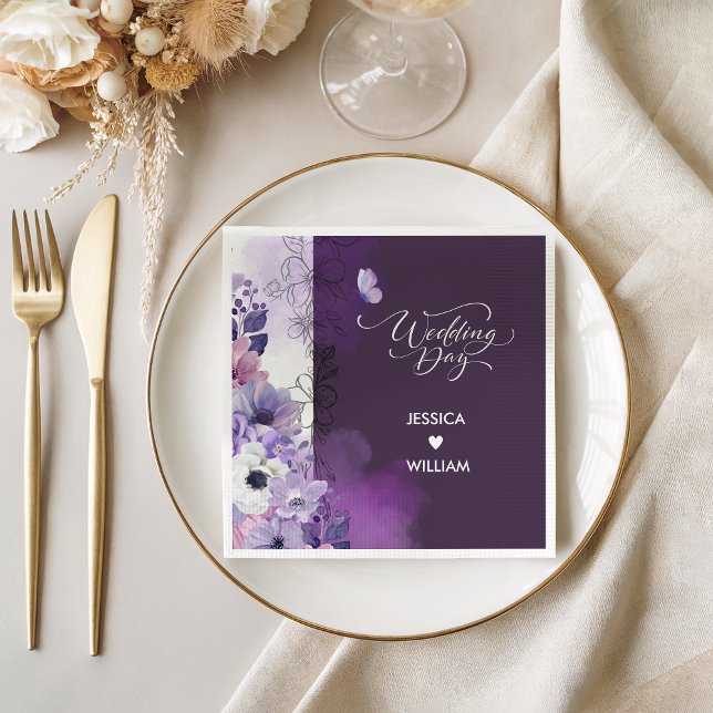 Serviette En Papier Butterfly Purple Floral Wedding Napkins (Créateur téléchargé)