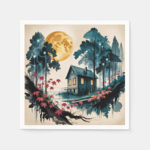 Serviette En Papier Cabane au Clair de Lune, Art de la Forêt Japonaise
