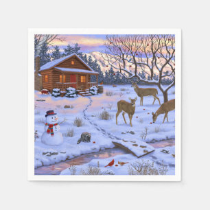 Serviette En Papier Cabane d'hiver cerf dans la neige scène de Noël