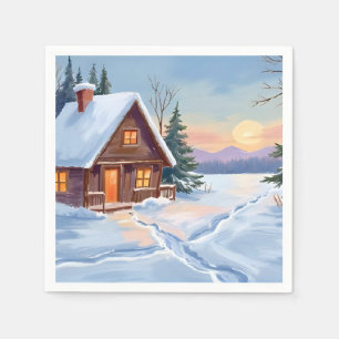 Serviette En Papier Cabane d'hiver Montagne Neige Aquarelle
