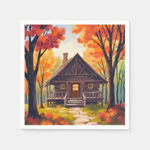 Serviette En Papier Cabane en rondins   Aquarelle de forêt de feuillag