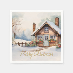 Serviette En Papier Cabane joyeux Noël dans un paysage enneigé
