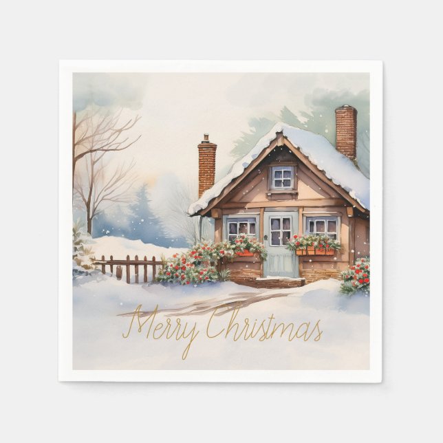 Serviette En Papier Cabane joyeux Noël dans un paysage enneigé (Devant)