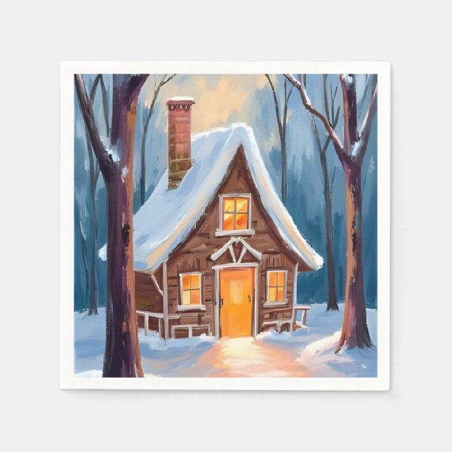 Serviette En Papier Cabin in the Snowy Winter Woods Christmas (Devant)