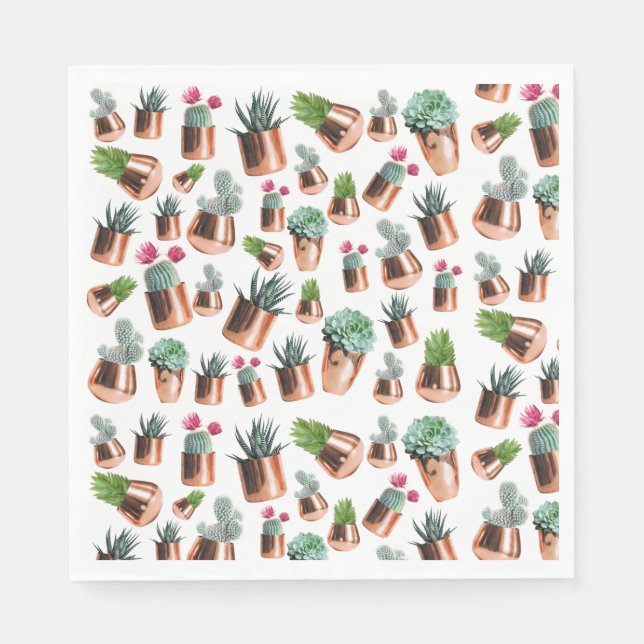 Serviette En Papier Cactus et succulents dans des pots d'or Roses (Devant)