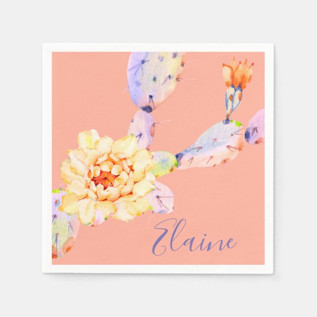 Serviette En Papier Cactus fleur de désert aquarelle pêche pourpre (Devant)