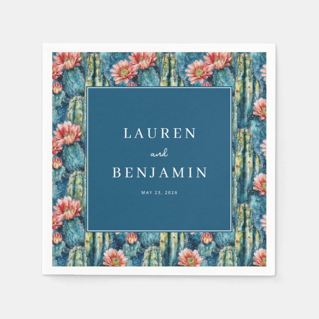 Serviette En Papier Cactus Floral Navy Élégant (Devant)